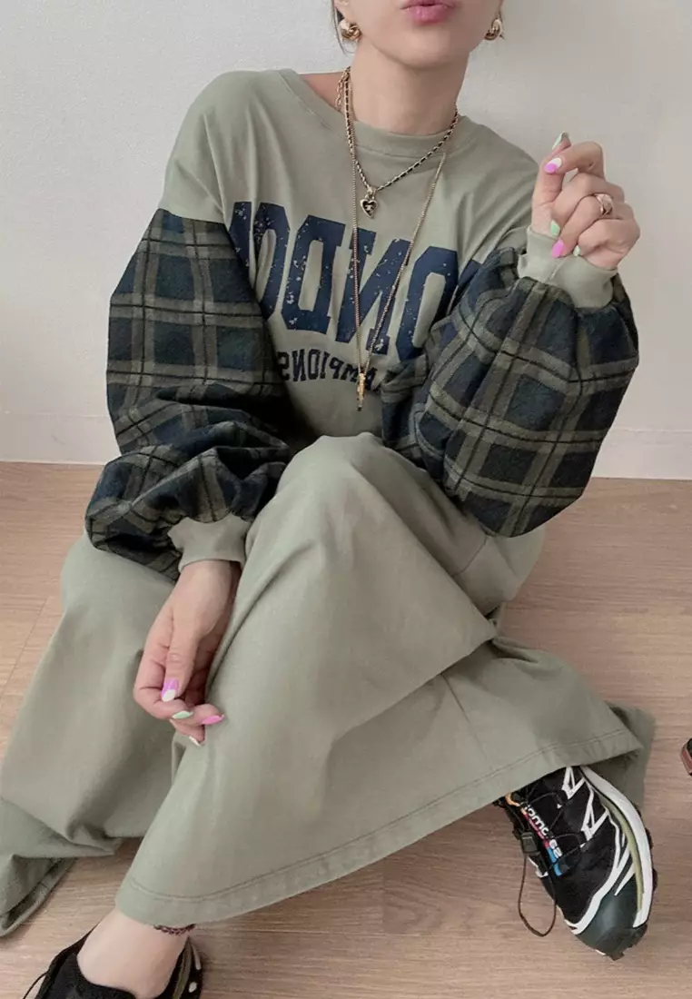 Spliced lantern sleeve printed loose dress CA24092508BK