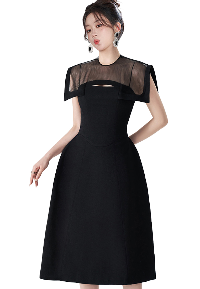 Summer New Round Neck Spinning Spliced Sleeveless Shawl Waist Wrap Dress CA4021944BK