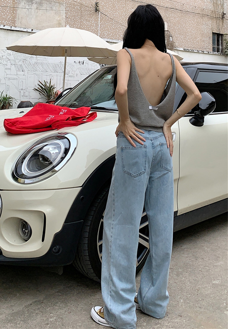 Retro washed hot diamond high waist straight jean CA25042944BL