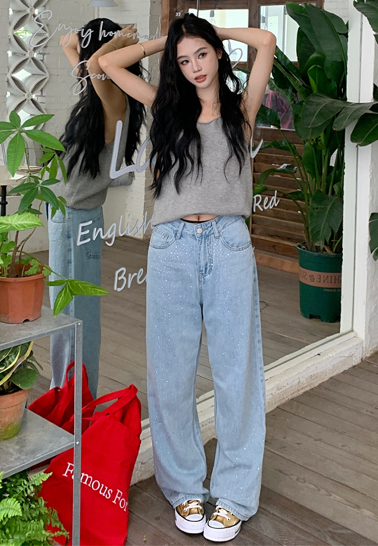 Retro washed hot diamond high waist straight jean CA25042944BL