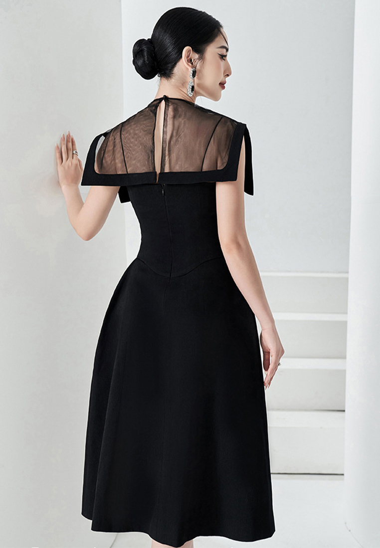 Summer New Round Neck Spinning Spliced Sleeveless Shawl Waist Wrap Dress CA4021944BK