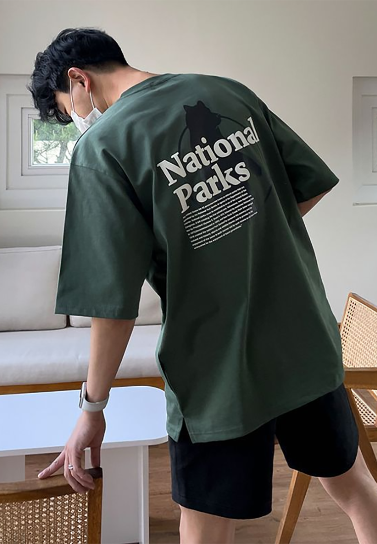 Men's Korean style letter print cotton round neck T-shirt CA25052344GR