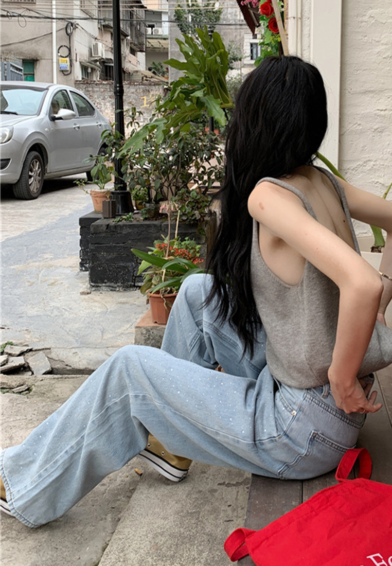 Retro washed hot diamond high waist straight jean CA25042944BL