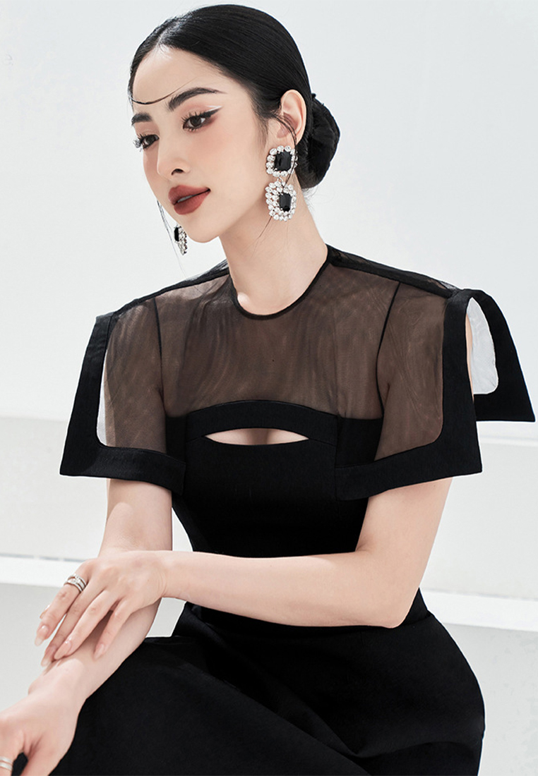 Summer New Round Neck Spinning Spliced Sleeveless Shawl Waist Wrap Dress CA4021944BK