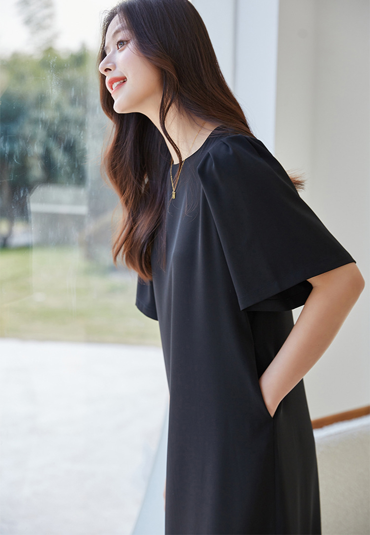 Simple French Puff Sleeve Mid Length Dress CA101944