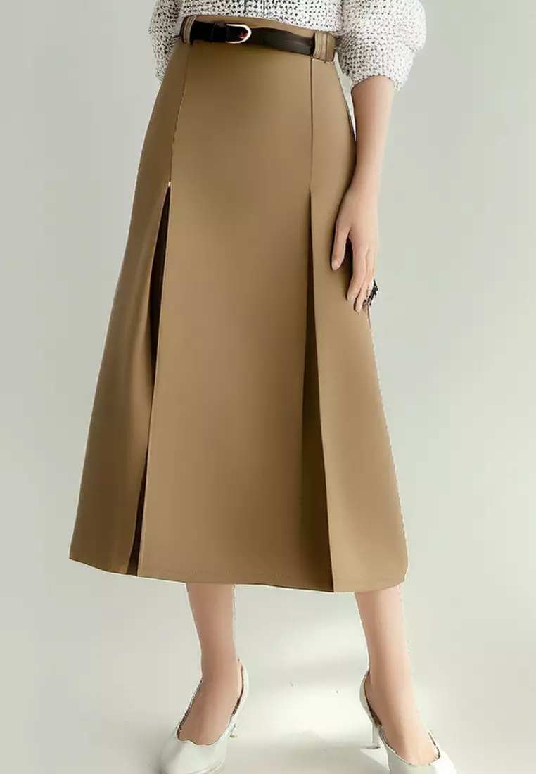 Temperament new high waist slit pleated skirt belt suit skirt K1021011BK