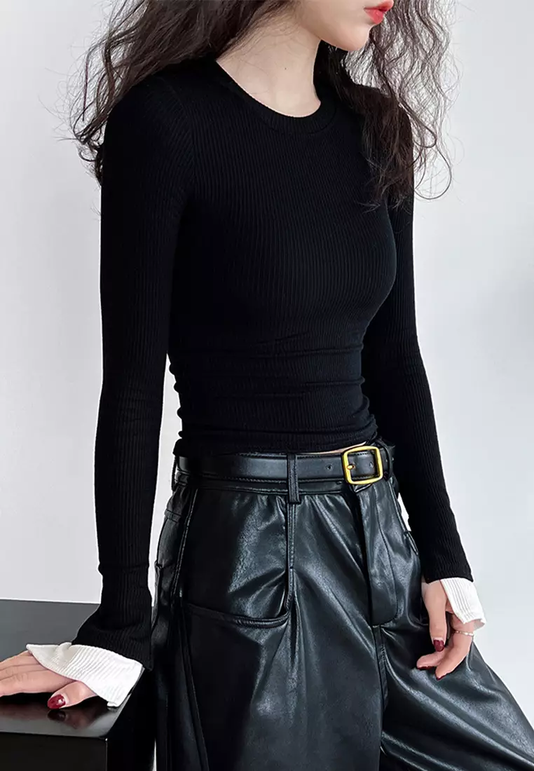 Classic patchwork flared sleeve knit sweater CA24092349GY