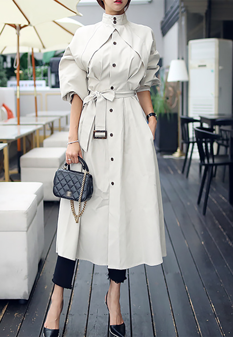New temperament stand collar retro mid-length trench coat jacket dress K100305BL