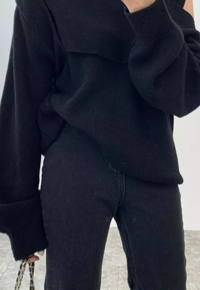 Korean style spliced loose long sleeved knitted sweater CA24092727GY