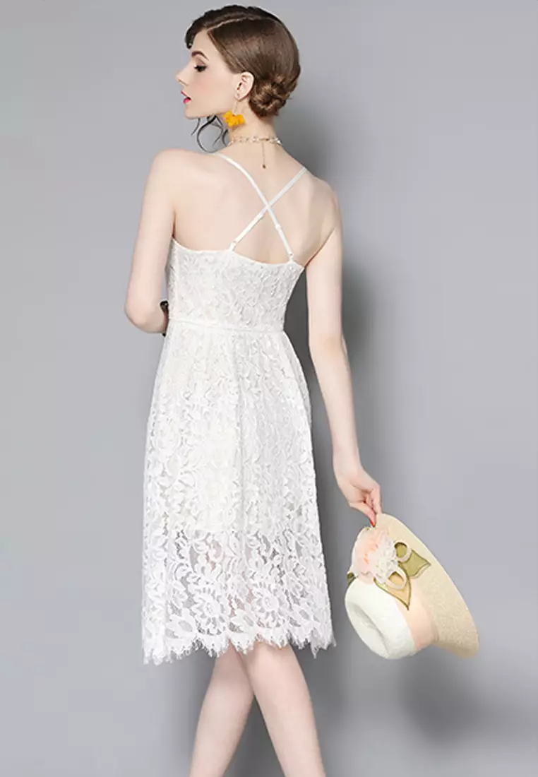6- Summer New White V  Neck Lace One  Piece Dress CA062891W-S