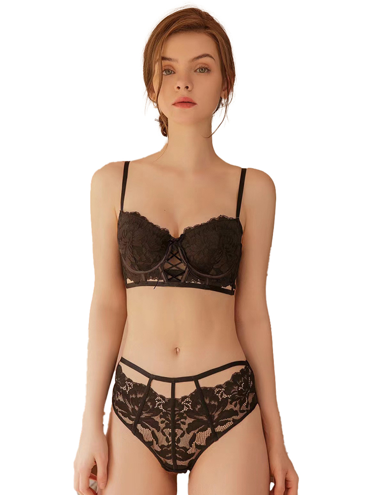 Hollow Embroidery Sexy Lace Backless Strappy Push-Up Bra Set CA23050445W