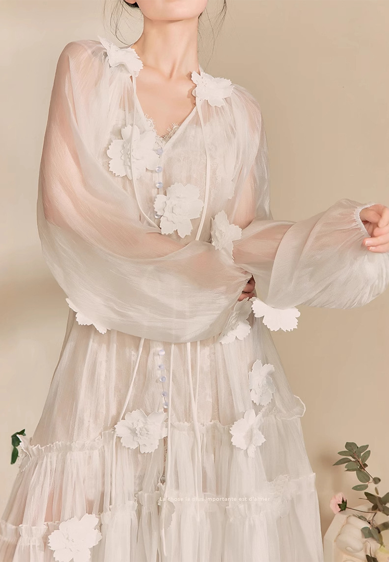 French style heavy-work 3D flower embroidery lace fairy dress CA25092545W