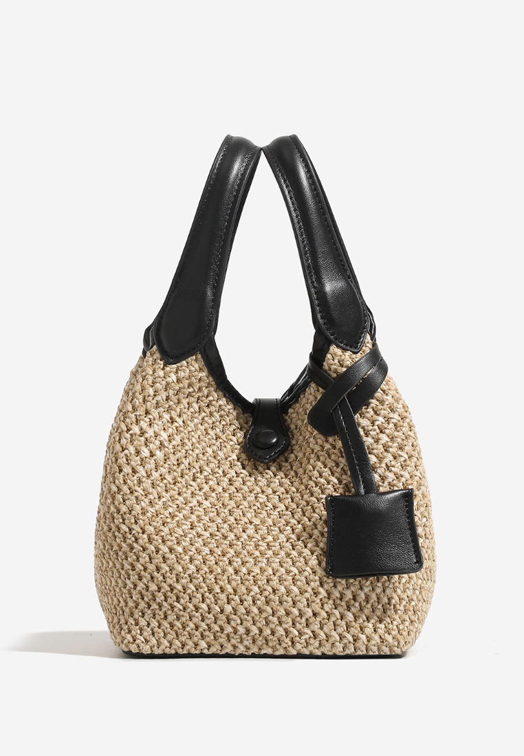 Vacation Style Mini Woven Bucket Handbag with Leather Handles K26052005