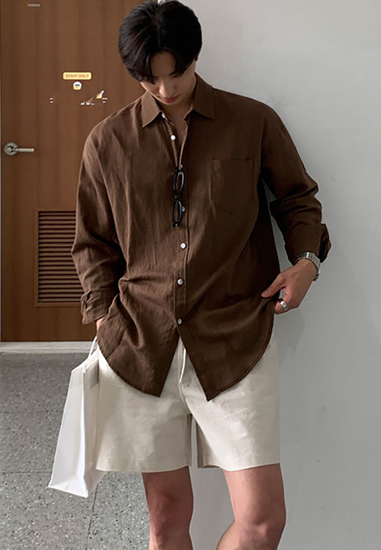 Men's summer Korean cotton and linen solid color beach shorts CA25052345KI