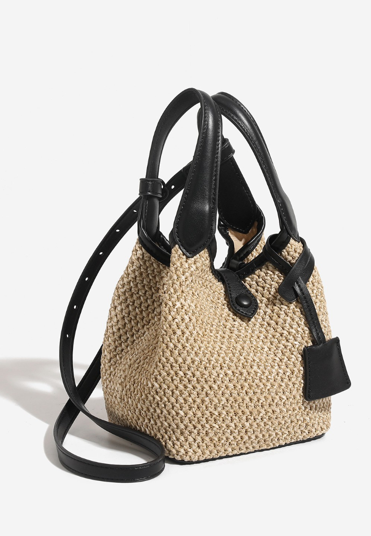 Vacation Style Mini Woven Bucket Handbag with Leather Handles K26052005