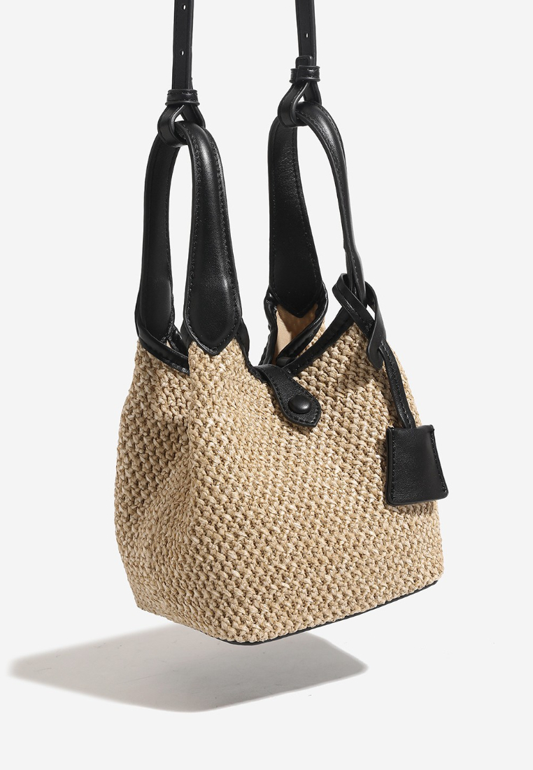 Vacation Style Mini Woven Bucket Handbag with Leather Handles K26052005