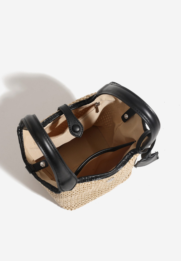 Vacation Style Mini Woven Bucket Handbag with Leather Handles K26052005