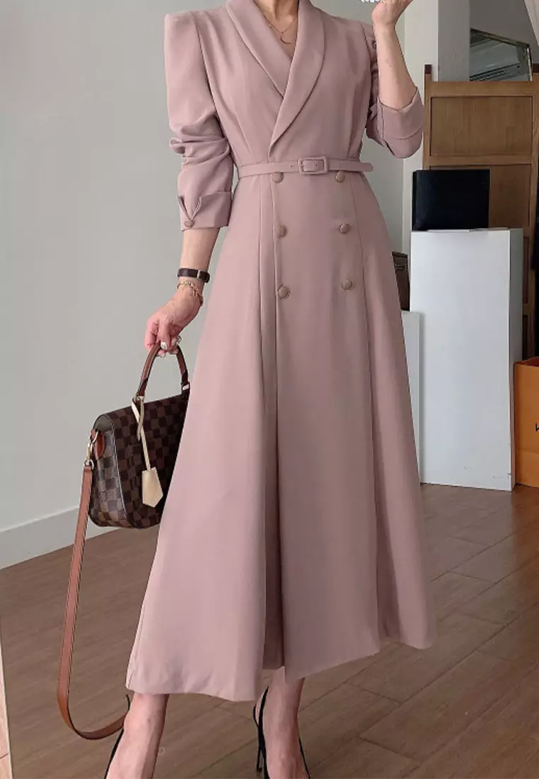French style waist cinching solid color long dress CA24092723PI