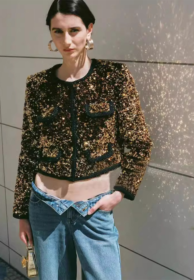 European and American coffee gold retro heavy sequin short jacket CA25092547BK