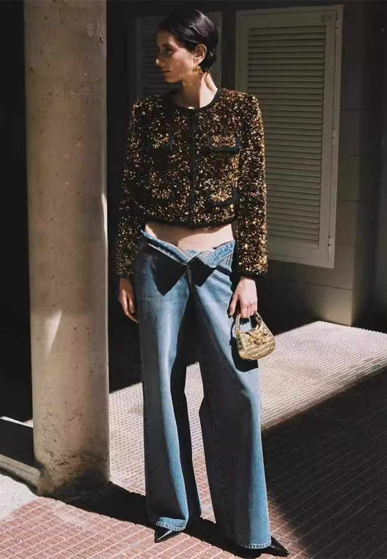 European and American coffee gold retro heavy sequin short jacket CA25092547BK