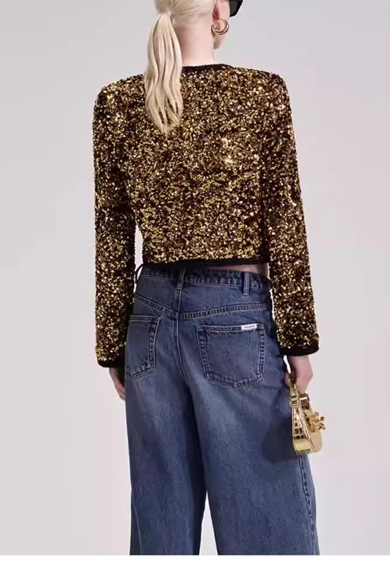 European and American coffee gold retro heavy sequin short jacket CA25092547BK