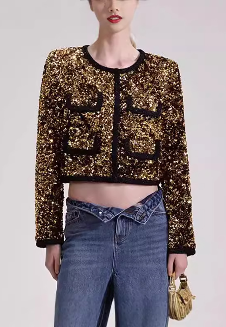 European and American coffee gold retro heavy sequin short jacket CA25092547BK