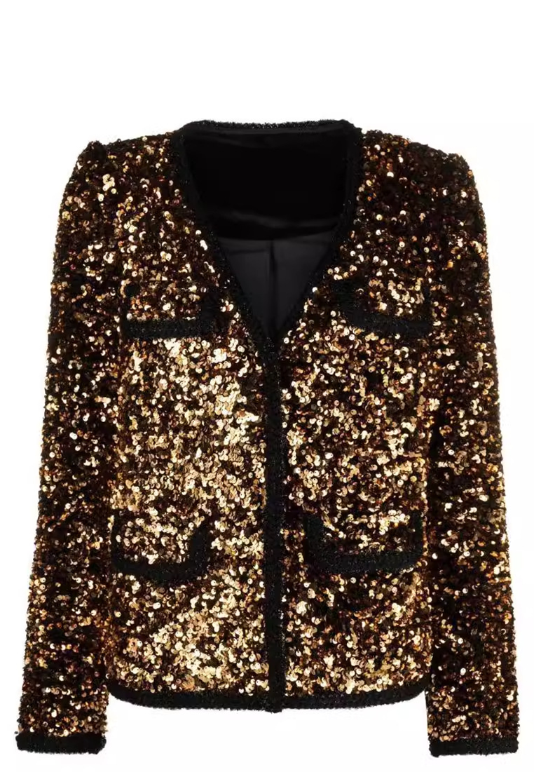 European and American coffee gold retro heavy sequin short jacket CA25092547BK
