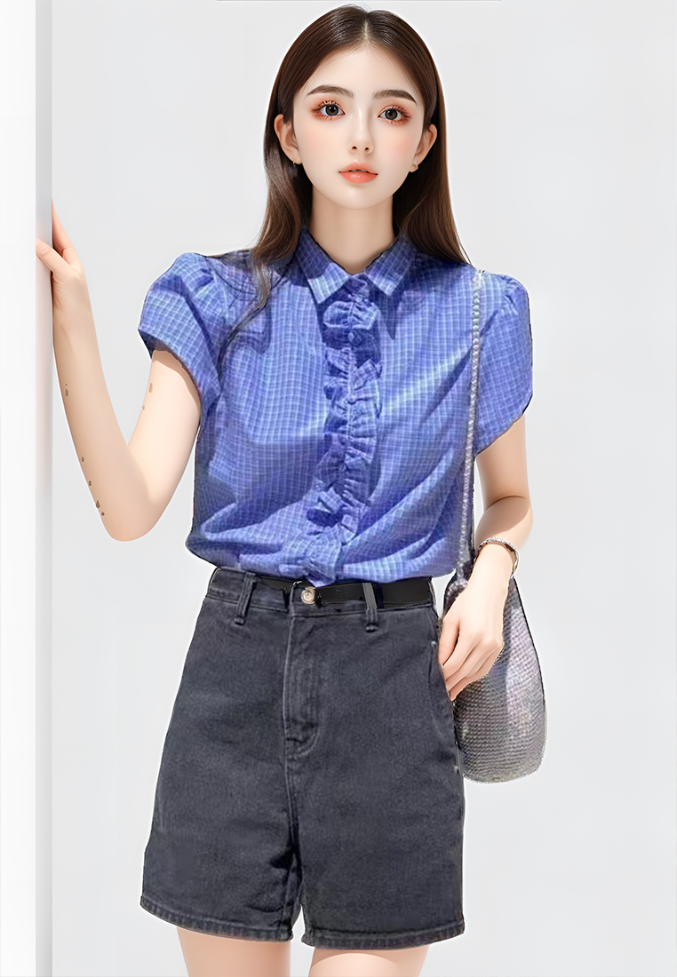 New arrival lapel lace casual short-sleeved top CA25060346W