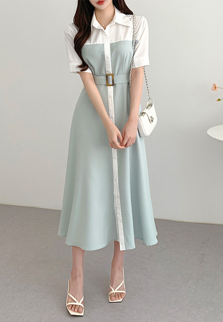 Temperament Splicing Waist Strap Dress CA25032746GR