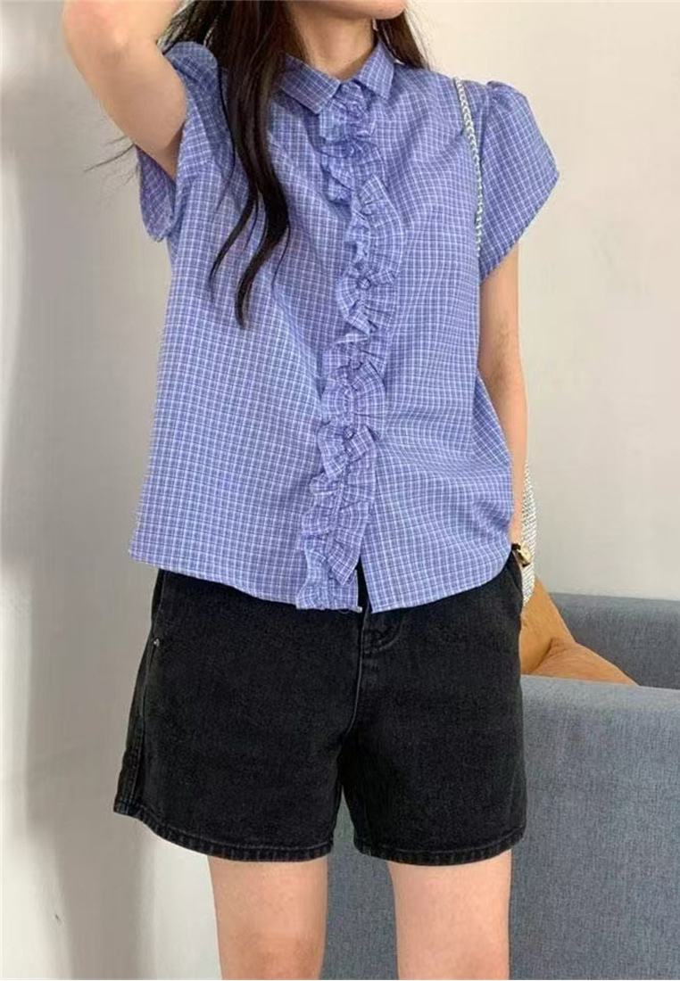 New arrival lapel lace casual short-sleeved top CA25060346W