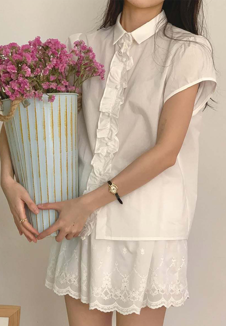 New arrival lapel lace casual short-sleeved top CA25060346W