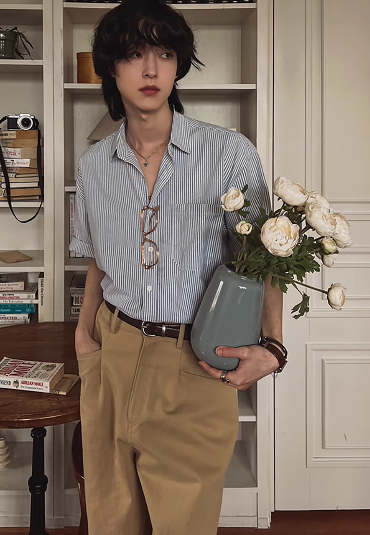 Men's Japanese retro striped short-sleeved shirt CA25052346GY