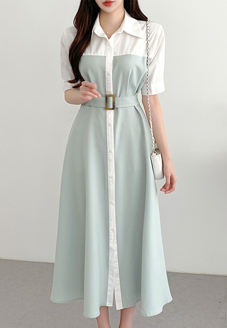 Temperament Splicing Waist Strap Dress CA25032746GR