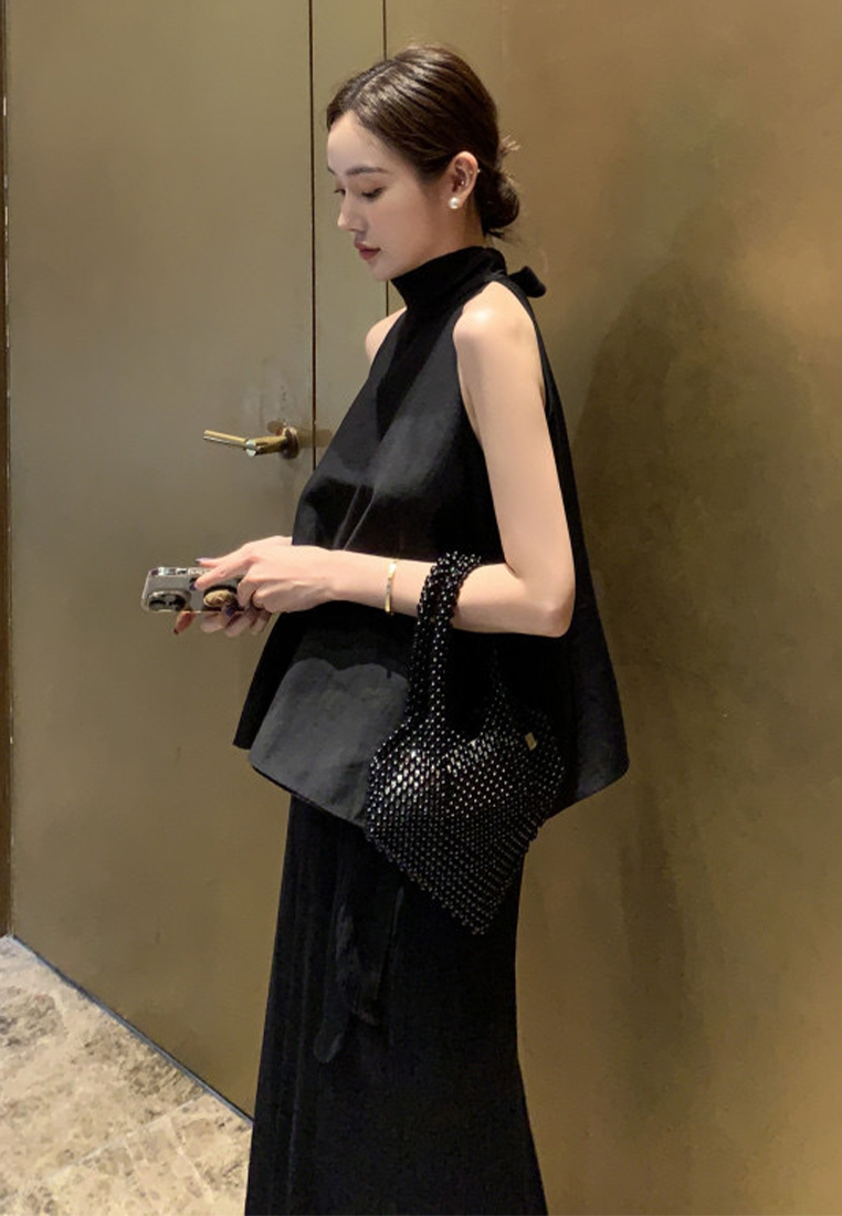 Summer New Style Stand up Collar Strap Top CA25042915BK