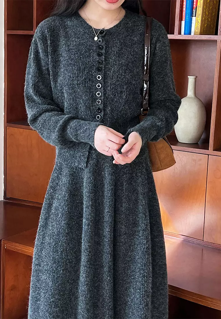 French round neck sweater cardigan skirt set CA24092356GY