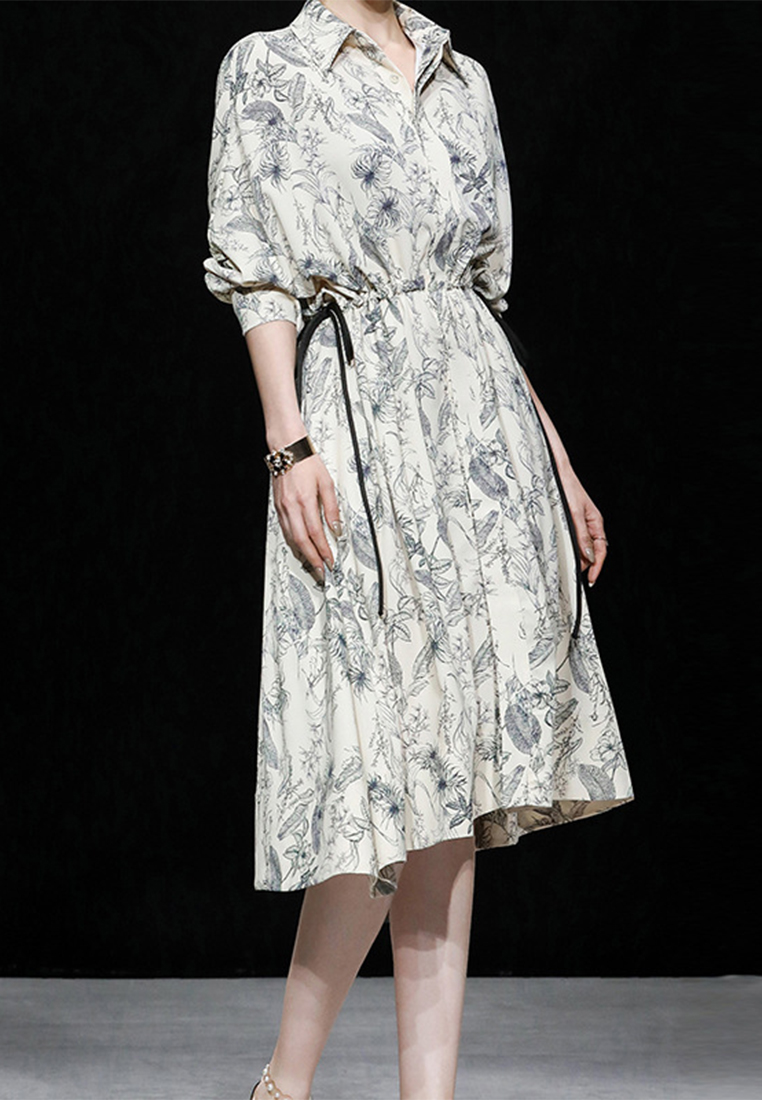 2024 temperament apricot bat sleeve waist cinched printed dress CA24090338BE