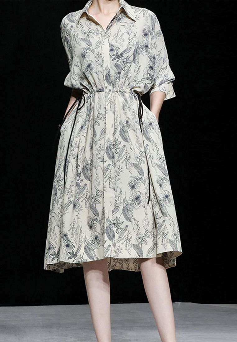2024 temperament apricot bat sleeve waist cinched printed dress CA24090338BE