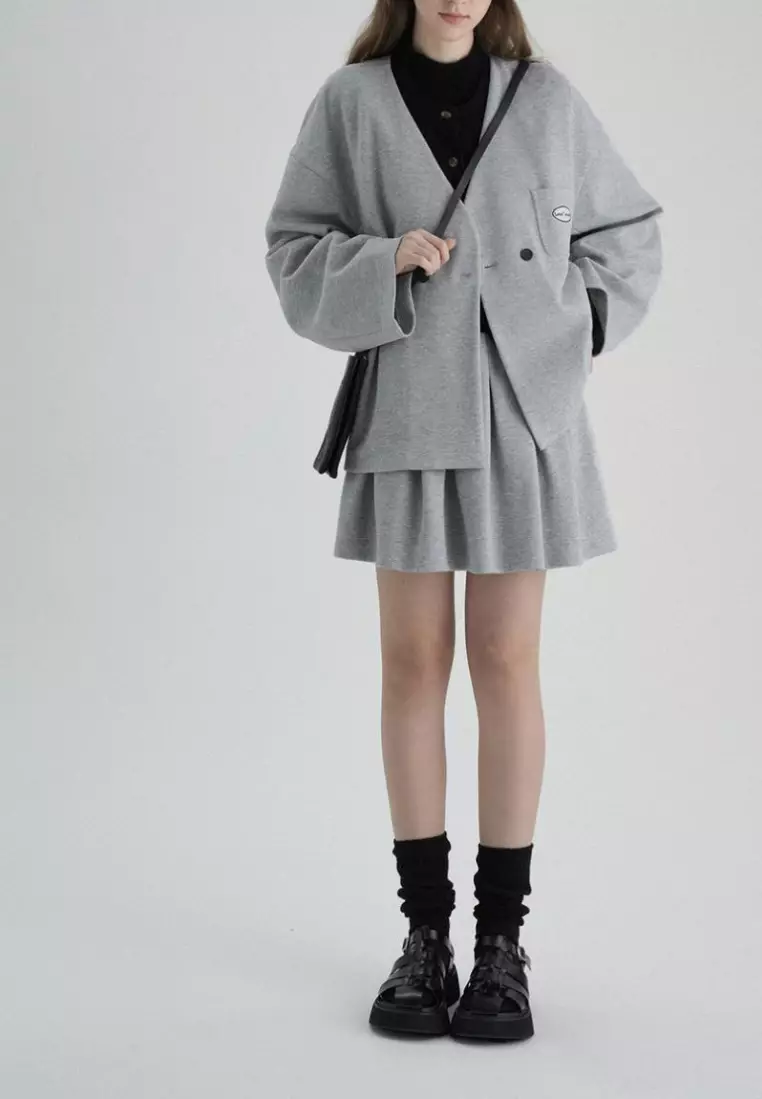 New college style double-breasted V-neck blazer pleated dress set K102308BK