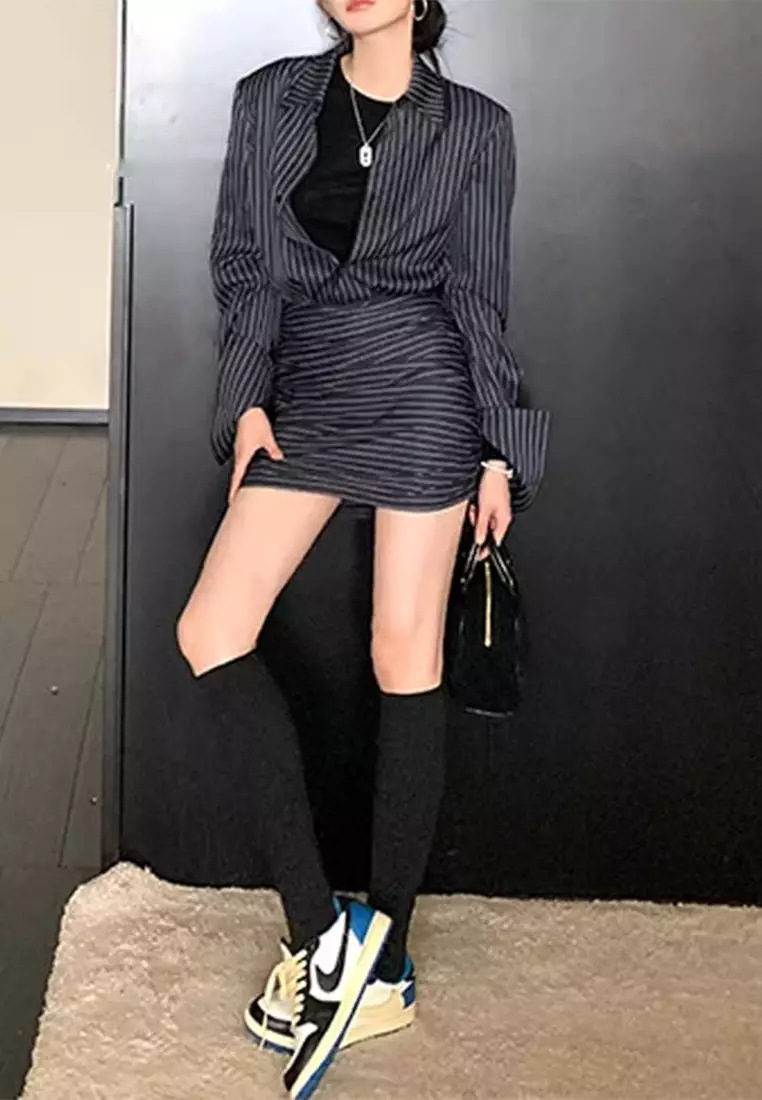 Striped shirt waist cinching single breasted short skirt set CA24092705MT