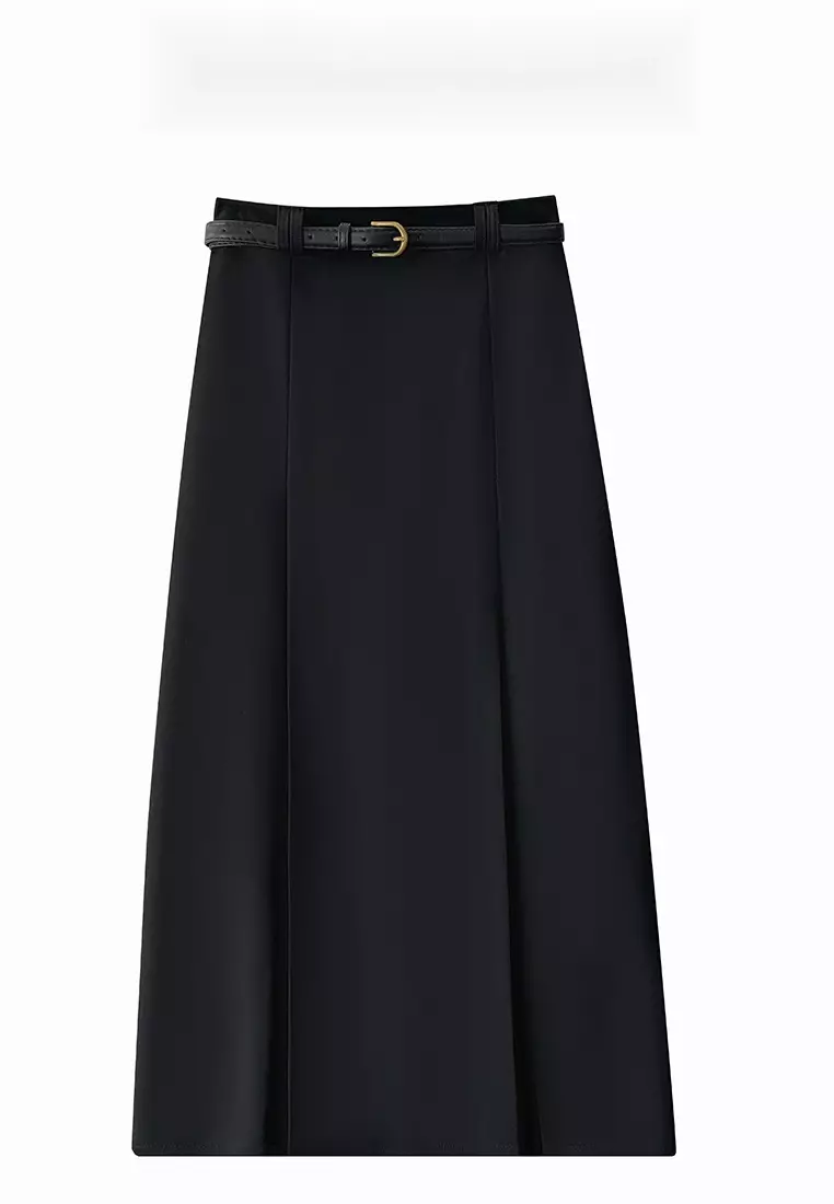 Temperament new high waist slit pleated skirt belt suit skirt K1021011BK