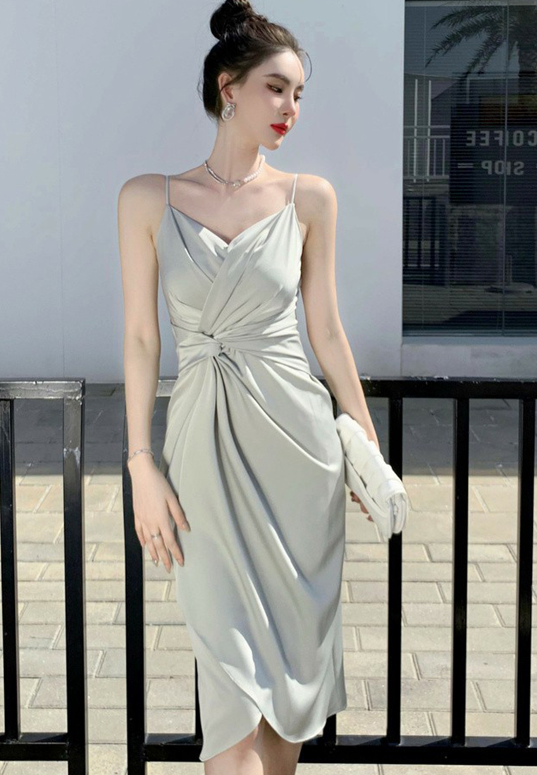 2023 Summer New Audrey Hepburn Style Belted Sling Dress CA061347GR