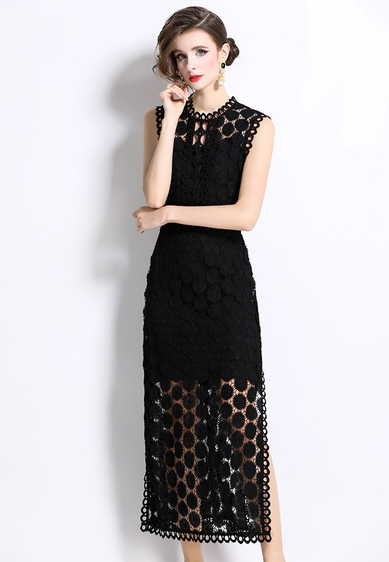 Round neck waist slit lace dress CA25070947BK