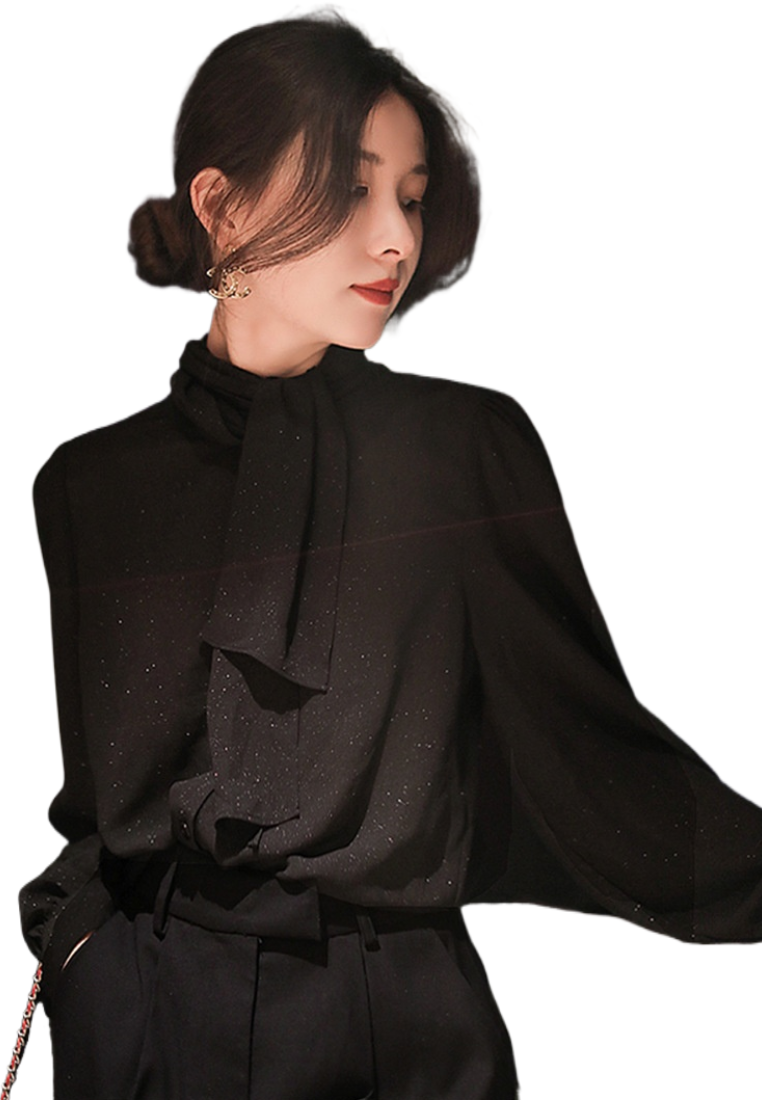 Elegant loose-fitting black belted top CA25110347BK