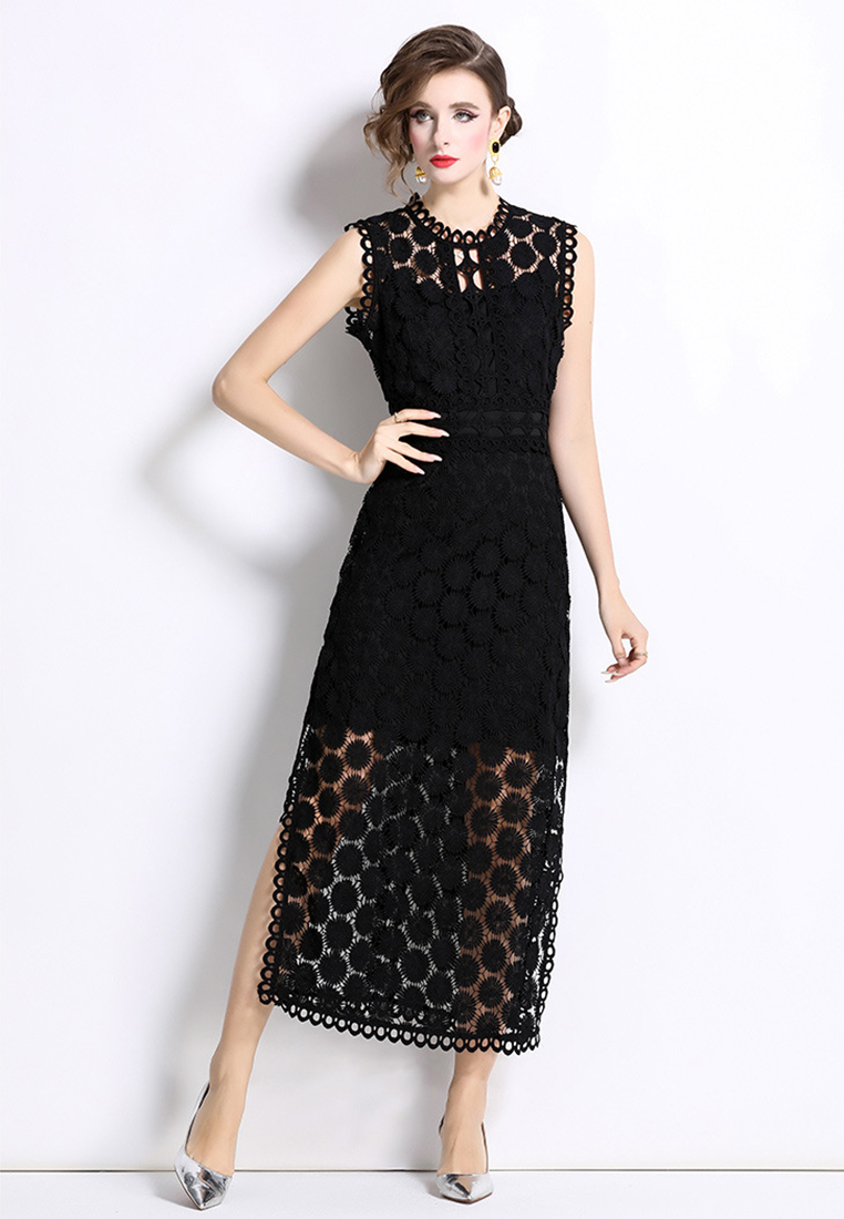 Round neck waist slit lace dress CA25070947BK