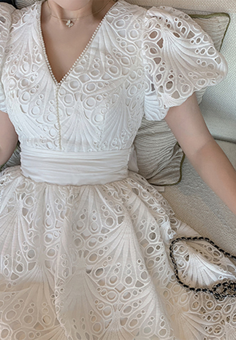 2024 Summer New Style Lace Bubble Sleeves Waist Wrap Dress White CA4021947W