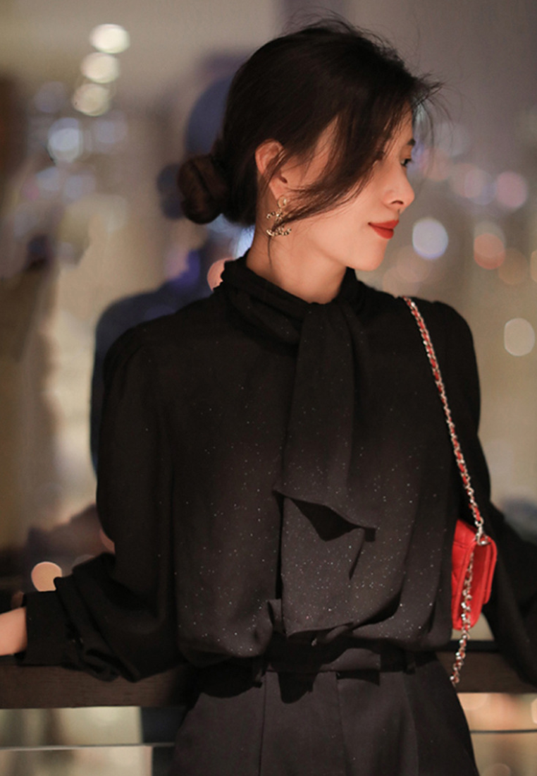 Elegant loose-fitting black belted top CA25110347BK