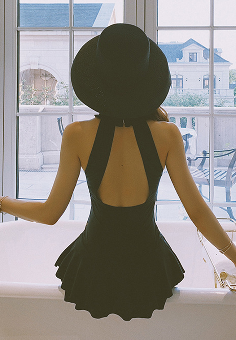 Backless halterneck girl's swimsuit one-piece dress CA24032147