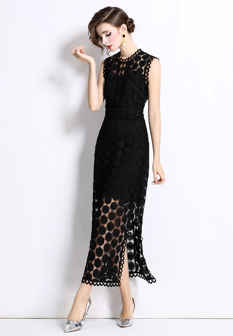 Round neck waist slit lace dress CA25070947BK