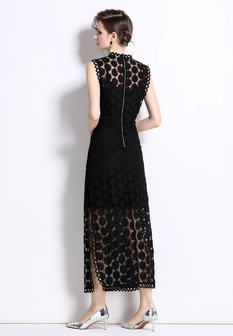 Round neck waist slit lace dress CA25070947BK