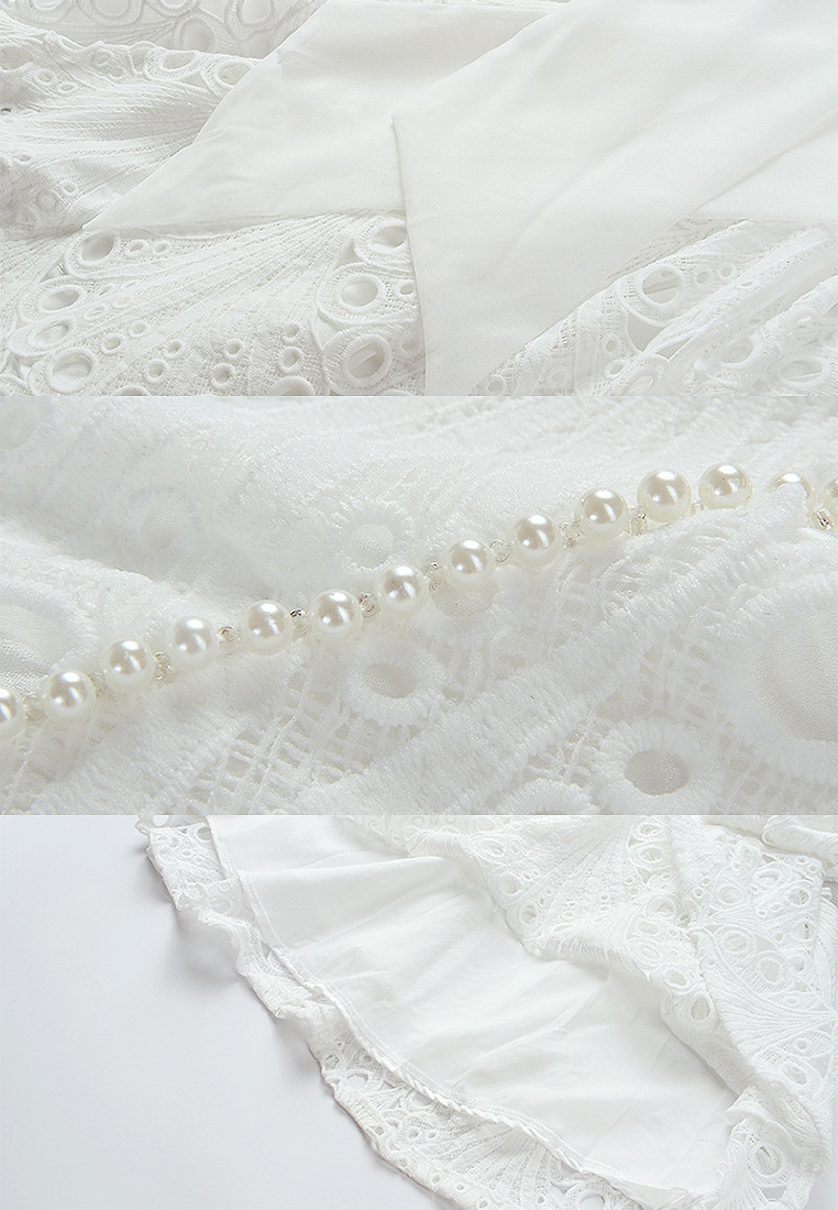 2024 Summer New Style Lace Bubble Sleeves Waist Wrap Dress White CA4021947W